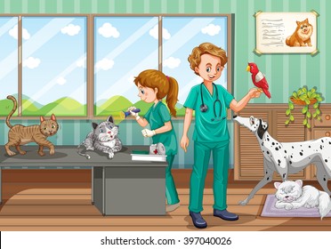 Two vets healing many pet in the clinic illustration