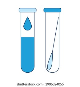 Two vials of blood and biomaterial. Test for COVID-19. Suitable for a medical poster in shades of blue. Vector illustration in the style of a flat icon isolated on a white background