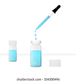 Two vials with caps and pipette on lab table, chemical lab tool, 3d vector, eps 10