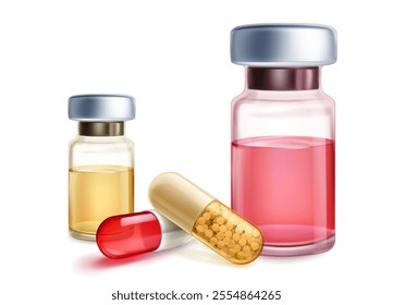 Two vials with liquids and two pills, one red and one yellow with drug granules inside, with shadows on a white background.