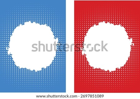 Two vibrant abstract backgrounds, one blue and one red, each featuring a central, rough-edged white circular space against a fading halftone dot pattern.