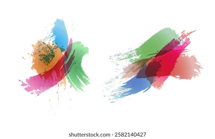 Two vibrant abstract brushstrokes on a white background, each consisting of multi-colored intersecting lines, creating a dynamic and energetic composition