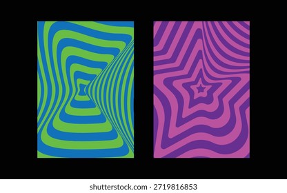 Dos gráficos abstractos vibrantes de ilusión óptica muestran patrones psicodélicos intensos con líneas de remolino deformadas en contraste azul verde neón y colores púrpura magenta brillantes adecuados para el impacto visual moderno.