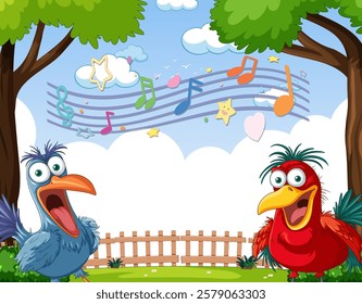 Two vibrant birds singing under a sunny sky