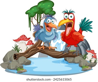 Two vibrant birds talking over a serene pond