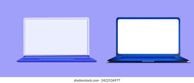 Two Vibrant Blue Laptops with Blank Screens on Purple Background. A pair of modern blue laptops with empty display screens, set against a minimalist purple backdrop, ideal for your design mockups.