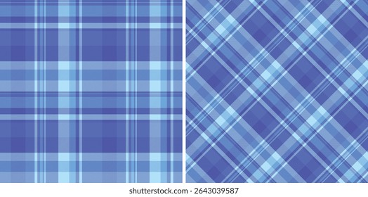 Two vibrant blue plaid patterns, one classic and one diagonal, offer versatile design solutions.