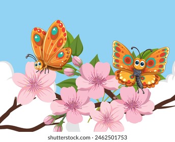 Two vibrant butterflies enjoying pink spring flowers