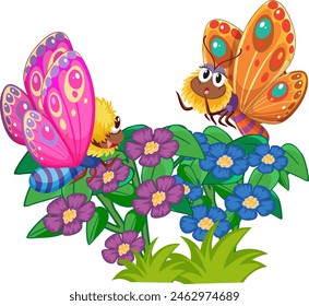 Two vibrant butterflies interacting over blooming flowers