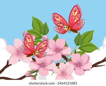 Two vibrant butterflies on pink cherry blossoms