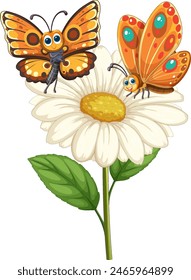Two vibrant butterflies perched on a white daisy