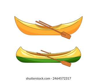 Two Vibrant Canoes, Each Equipped With Wooden Paddles. Cartoon Vector Illustration For Themes Related To Water Sports