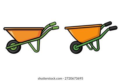 Dos carretillas de dibujos animados vibrantes, naranja y verde, presentados como iconos vectoriales sobre un fondo blanco limpio. Equipo esencial para jardinería, construcción o trabajo agrícola.