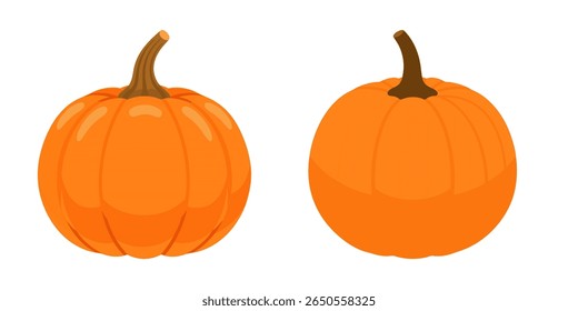 Dos calabazas vibrantes de estilo de dibujos animados se muestran una al lado de la otra sobre un fondo blanco limpio. Cada calabaza presenta un tallo distinto y una textura acanalada, perfecta para temas de otoño y Halloween.