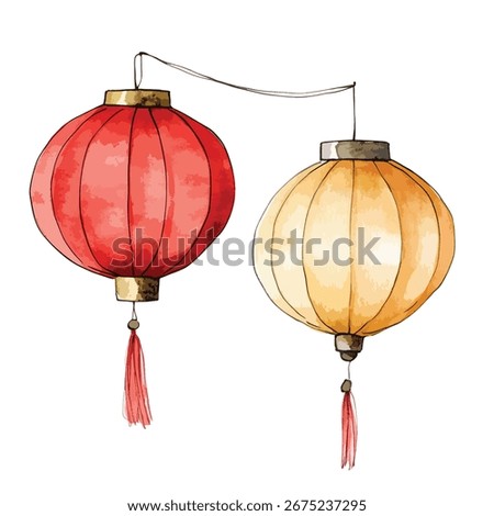 Two vibrant Chinese lanterns, one red and one yellow, connected by a wire, watercolor style.