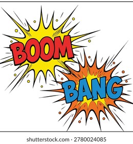 Two vibrant comic book style explosion graphics featuring the words Boom and Bang in bold lettering on a white background