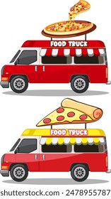 Two vibrant food trucks serving delicious pizza