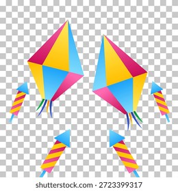 Dos vibrantes faroles de papel geométricos en rosa, amarillo y azul, acompañados de cuatro petardos a rayas, colocados sobre un fondo transparente, simbolizando una celebración festiva.