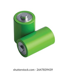 Two vibrant green cylindrical batteries with polished silver positive and negative terminals are positioned against a stark black background, creating a clean and modern aesthetic.