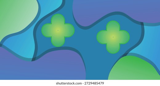 Two vibrant green plus signs stand out against a backdrop of flowing blue and green abstract shapes, creating a dynamic and modern visual.