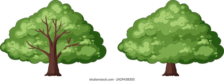 Two vibrant green trees with detailed leaves