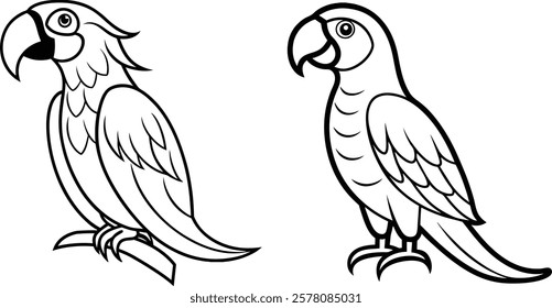 Two vibrant Line Art macaw with a curved beak.