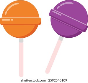 Two vibrant lollipops, one orange and one purple, rest side by side, evoking a cheerful and playful atmosphere perfect for candy lovers.