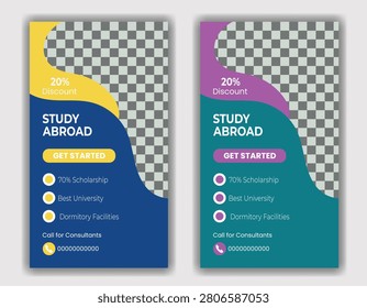 Two vibrant mobile app screens showing study abroad programs with a 20% discount offer and call-to-action buttons for starting the process