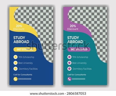 Two vibrant mobile app screens showing study abroad programs with a 20% discount offer and call-to-action buttons for starting the process