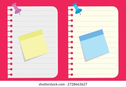 Zwei lebendige Notizbücher mit ausgekleidetem Papier, mit bunten Haftnotizen oder Memopads und Daumen- oder Push-Pins, perfekt für Organisation, Erinnerungen oder Büropapierkonzepte