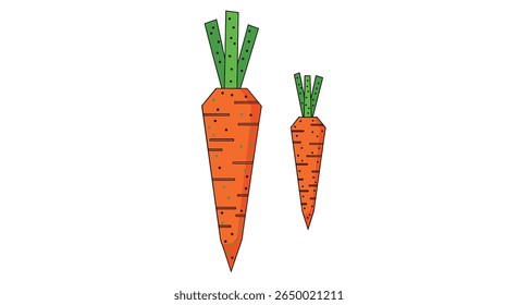 Two vibrant orange carrots with green tops displayed against a white background healthy root vegetables
