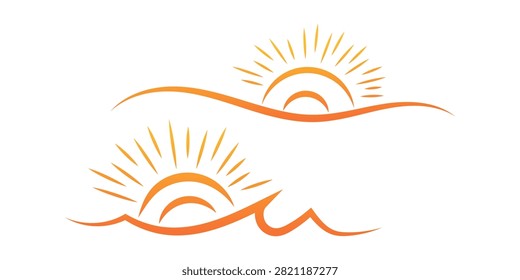 Two vibrant orange gradient vector designs depicting stylized sunrises or sunsets over ocean waves, perfect for travel, vacation, or summerthemed projects and logos.