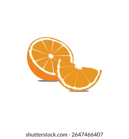 Two vibrant orange slices, one whole and one a segment, are presented against a plain white background. The slices are depicted with a slightly textured appearance, showcasing the segmented interior.