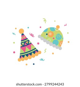 Two vibrant party hats surrounded by confetti and streamers on a white background