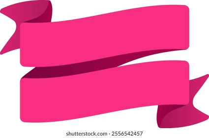 Two vibrant pink ribbons are gracefully waving, creating a sense of celebration and elegance against a clean white backdrop, perfect for adding a touch of festivity to any design