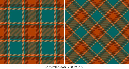 Two vibrant plaid patterns in autumnal teal and orange hues.  Perfect for textile design, website backgrounds, or fallthemed projects.