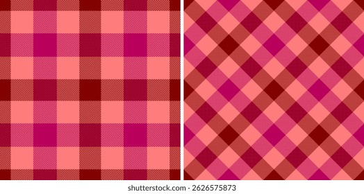 Two vibrant plaid patterns in coral and burgundy hues. Perfect for textiles, website backgrounds, or festive designs.