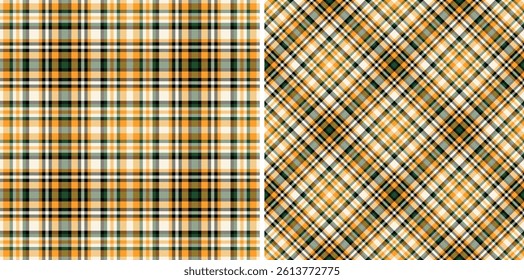 Two vibrant plaid patterns in orange, green, and white.  Perfect for textile design, autumnal projects, or creating a rustic, classic feel.