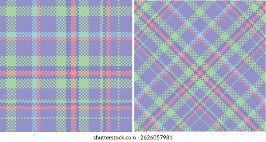 Two vibrant plaid patterns in pastel shades of lavender, mint green, and coral.