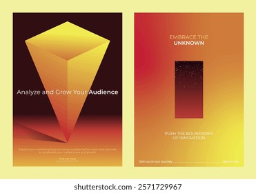 Two vibrant posters with geometric designs. Bold colors emphasize growth, innovation, and audience engagement. Inspiring text highlights audience and innovation. Gradient innovative business posters.