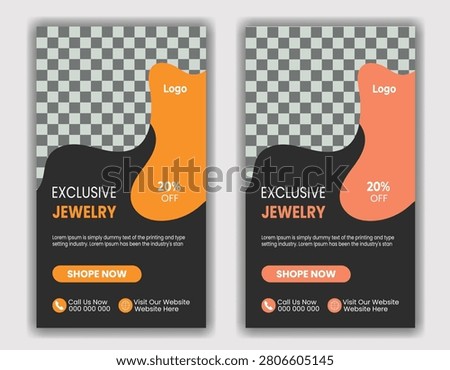 Two vibrant promotional posters for exclusive jewelry sales featuring lime green and orange discounts of 20% off. Includes call-to-action buttons and contact info.