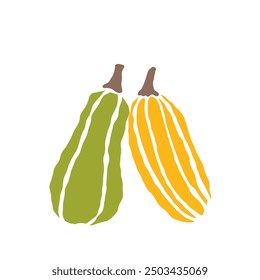 Two vibrant pumpkins, one green and one yellow, sitting side by side against a white background in a simple autumn display