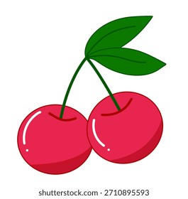 Dos cerezas rojas vibrantes conectadas por un tallo verde con hojas, aisladas en blanco. Estilo de ilustración simple y limpio. Fresco, jugoso y acogedor. Perfecto para temas de verano.