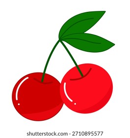 Duas cerejas vermelhas vibrantes com folhas verdes, ligadas por um caule. Estilo de ilustração simples e limpo. Isolado no branco. Fresco, suculento e convidativo. 