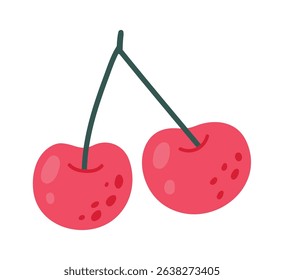 Two vibrant red cherries hanging from a shared green stem, highlighting their plumpness and freshness against a pristine white background, evoke a sense of summer s bounty