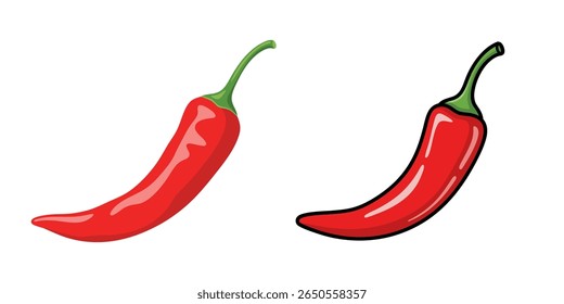 Two vibrant red chili peppers are depicted against a clean white background. One pepper is rendered in a smooth, glossy style, while the other features a bold black outline.