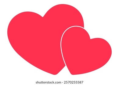 Two vibrant red hearts of different sizes, minimal design in cute vector style for Valentine's Day, romance,affection and love concepts, isolated icon on white background