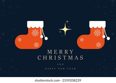 Two vibrant red winter stockings with a white cuff and snowflake decorations is the central element Happy New Year banners concept