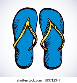 Two vibrant sandles on white background. Bright color hand drawn picture sketchy in scribble retro style. Top close-up view