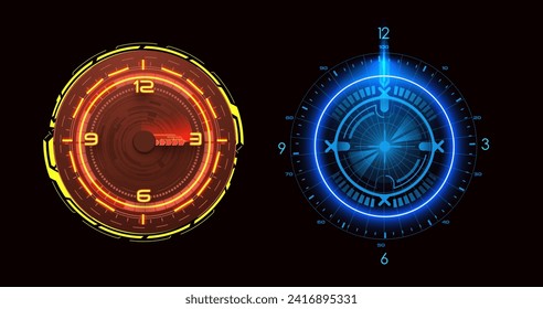 Dos vibrantes relojes de ciencia ficción brillan en tonos rojos y azules, mostrando un horario futurista. Se utiliza para indicar la hora y medir el tiempo. Ilustración del vector